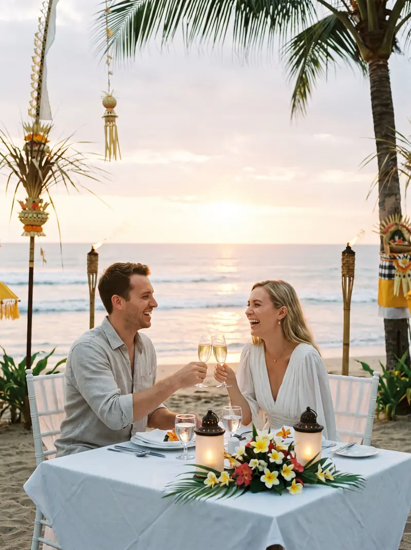 Happy couple toasting at a private beach dinner in Bali at sunset
