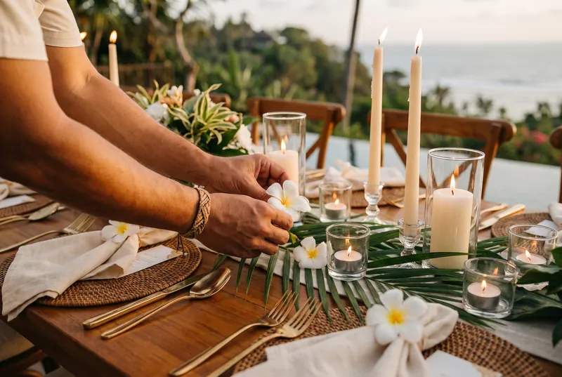 Bali Party Maker team styling an event dinner table in Bali