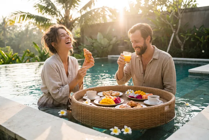 Floating breakfast in Bali — happy guests enjoying the moment
